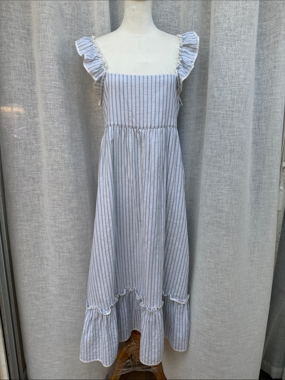 Maison Me Mara Ruffle Tie-Back Maxi Dress light blue stripe seersucker cotton